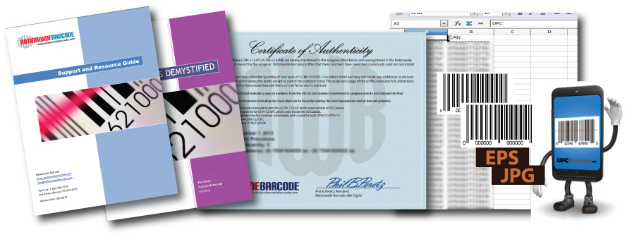 We provide all of the necessary tools for you to get you going with your barcodes. Our support and resource guide covers answers to many frequently asked questions, shipping container codes, detailed information about the certificate of authenticity, spreadsheet, barcode graphics, labels and much more. This is the perfect companion to our free eBook, "Barcodes Demystified" In addition to our after the sale support and resources, we provide a printable Certificate of Authenticity and transfer of ownership, spreadsheet of all numbers and EAN and UPC barcodes in both EPS and JPG formats.